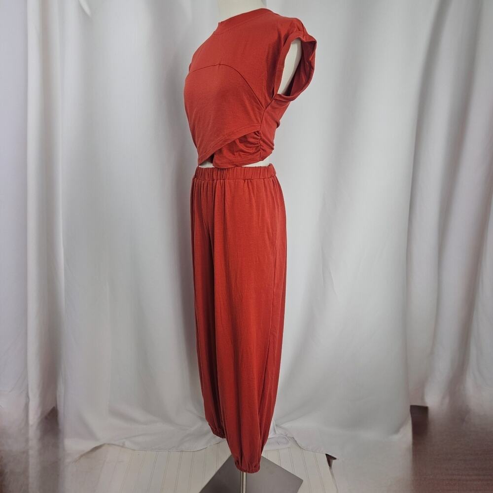 Cupshe Rust Orange Jersey Wide Leg Pants & Cropped Wrap Top Women's Size S NWT - Picture 4 of 16